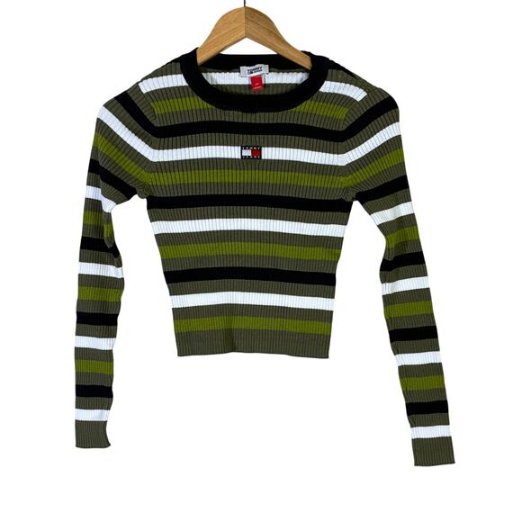 Tommy Hilfiger 100% Cotton Cropped Sweater Womens S Green Blue Striped Y2K 90s - Picture 2 of 7
